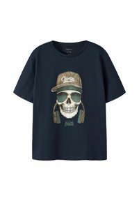 Zwarte katoenen t-shirt met een grafisch ontwerp van een schedel die een zonnebril en een pet met "Chicago" draagt, vergezeld van hoofdtelefoon en de tekst "URBAN YOUTH."