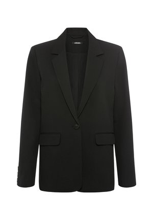 Schwarzer Ein-Knopf-Blazer mit Stegkragen und zwei vorderen Klappentaschen, langen Ärmeln und geradem Schnitt.