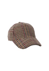 Gorra con estampado de pata de gallo en beige, marrón y burdeos, con visera curva y una textura suave. Cierre trasero ajustable no mostrado.