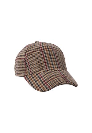 Casquette à motif pied-de-poule en beige, marron et bordeaux, avec une visière courbée et une texture douce. Fermeture arrière réglable non montrée.