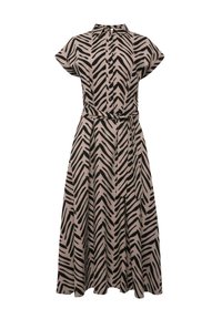 Beige Kleid mit kurzem Arm und Kragen, verziert mit einem schwarzen Zickzackmuster. Mit Knöpfen und einem passenden Gürtel, fließender A-Linien-Silhouette.