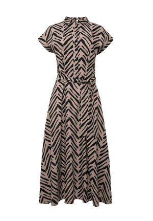 Abito a maniche corte e colletto color beige con motivo a zigzag nero. Presenta bottoni e una cintura abbinata, con una silhouette svasata fluida.