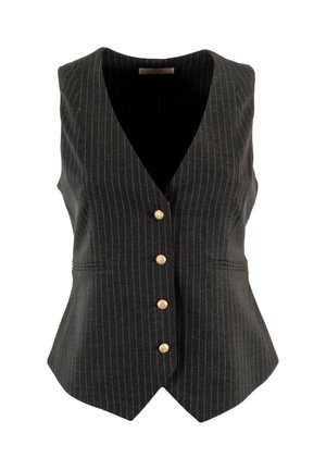 Gilet a righe nere con scollatura a V profonda, cinque bottoni dorati e due tasche frontali. Vestibilità sartoriale con una texture liscia.