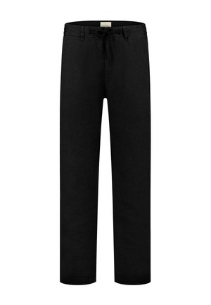 Fekete vászon nadrág laza szabással, behúzható derékkal, oldalzsebekkel és sima textúrával. Egyenes lábak, díszítés nélkül.