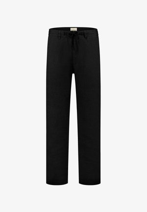 Fekete vászon nadrág laza szabással, behúzható derékkal, oldalzsebekkel és sima textúrával. Egyenes lábak, díszítés nélkül.