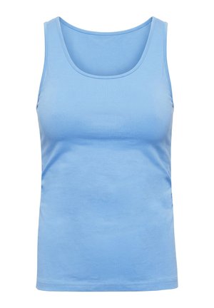 Hellblaues ärmelloses Baumwoll-Top mit rundem Ausschnitt, auf weißem Hintergrund dargestellt.