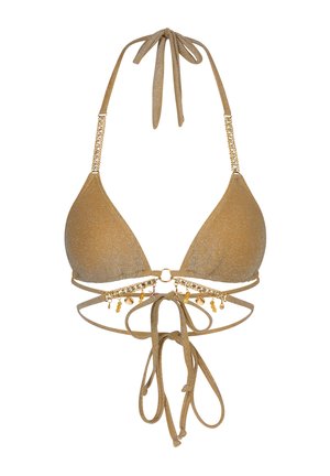 Gold glitzernder Bikini-Oberteil mit dreieckigen Tassen, Ketten-Schulterträgern und einem mit Schmuck besetzten Akzent in der Mitte. Wird im Rücken gebunden.