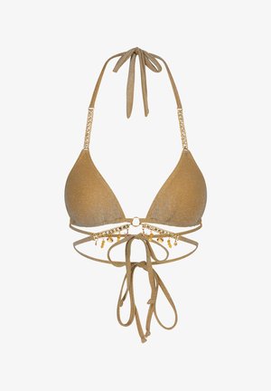 Haut de bikini en paillettes dorées avec des bonnets triangulaires, des bretelles en chaîne et un accent en bijoux au centre. Se noue dans le dos.