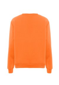 Felpa arancione con collo a giro, maniche lunghe e polsini a coste. Realizzata in un tessuto morbido e liscio con una finitura di colore uniforme.