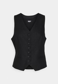 Gilet noir sans manches avec boutons, col en V et deux petites poches avant, étiqueté DKNY, présenté sur un fond uni.