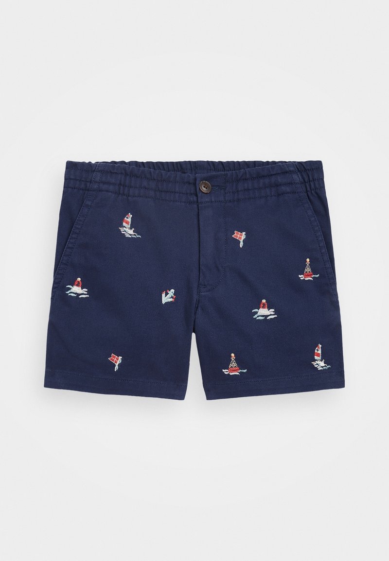 Marinblå badshorts i bomull, prydda med broderade segelbåtar och flaggor i olika färger; elastisk midja med knappstängning.