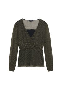 Blusa verde scuro a maniche lunghe con scollatura a V, vita arricciata e finitura metallica testurizzata. Presenta una fodera nera solida sotto.