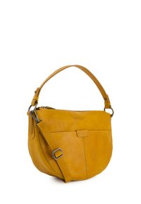 Senfgelbe Lederhandtasche mit geschwungenem Design, kurzem Griff und abnehmbarem Riemen. Mit gesteppten Details und einem Reißverschlussverschluss.