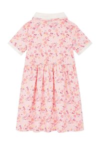Abito a maniche corte in cotone rosa chiaro con stampa floreale, dotato di un colletto bianco e gonna a balze con orlo fluente.