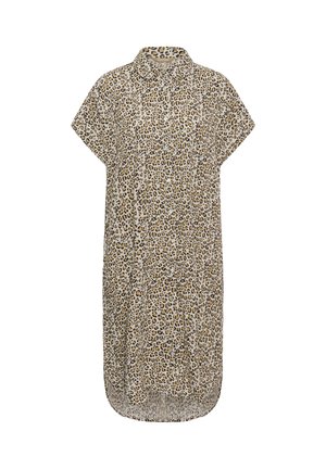 Hemdblusenkleid mit Leopardenmuster in Beige- und Brauntönen, mit Kragen und kurzen Ärmeln, locker geschnitten und mit Seitenschlitzen.