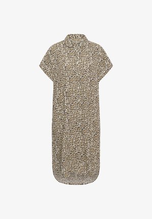 Hemdblusenkleid mit Leopardenmuster in Beige- und Brauntönen, mit Kragen und kurzen Ärmeln, locker geschnitten und mit Seitenschlitzen.