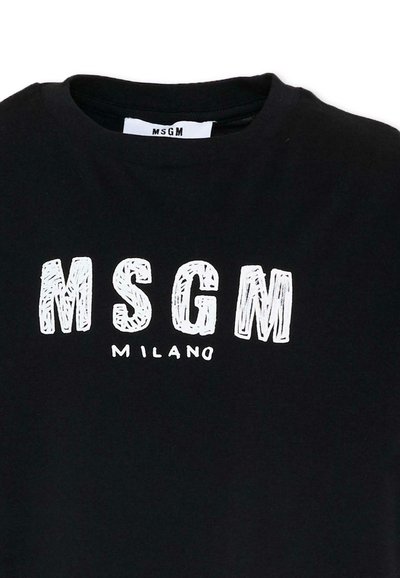 T-shirt nera con scollo rotondo e logo MSGM Milano bianco stampato sul davanti, con lettere a blocchi testurizzate.