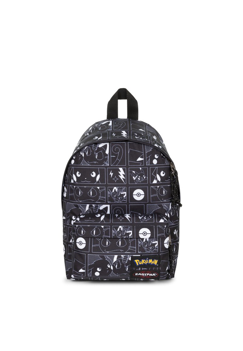 Black backpack with Pokémon-themed design; features various characters in white outlines, durable material, and a top handle.