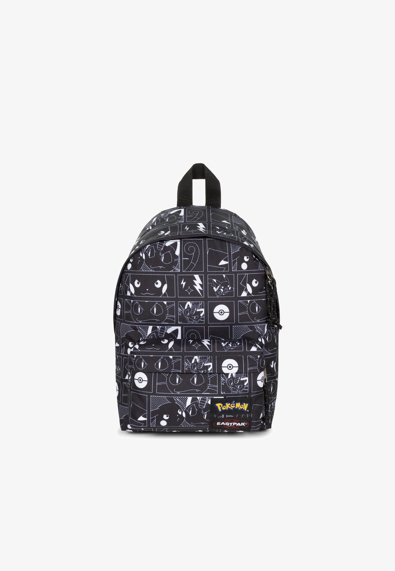 Black backpack with Pokémon-themed design; features various characters in white outlines, durable material, and a top handle.