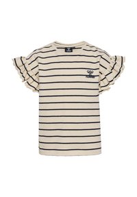 Stripet t-shirt i cremet og marineblå, med voluminøse ærmer og rund hals. Lille broderet logo nær brystet. Stoff i bomuldsblandning.