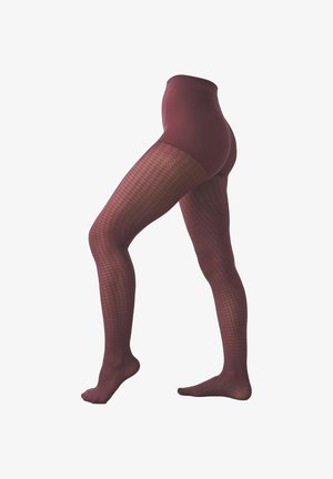 Lábak áttetsző mintás bordó harisnyában, átlátszatlan derék- és csípőrésszel, az egyik láb felemelve, előrehajolva.