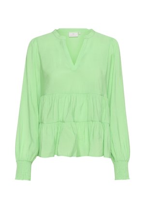 Svetlozelená blúzka s V-krkom, dlhými rukávmi a stupňovitým volánkovým dizajnom. Vyrobená z hladkej, jemne texturovanej tkaniny. Elastické manžety.