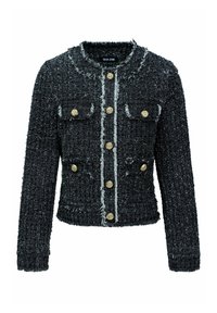 Veste noire texturée avec des boutons dorés, dotée d'un col, de deux poches avant et d'un ourlet effiloché. Broderie décorative le long de l'avant.