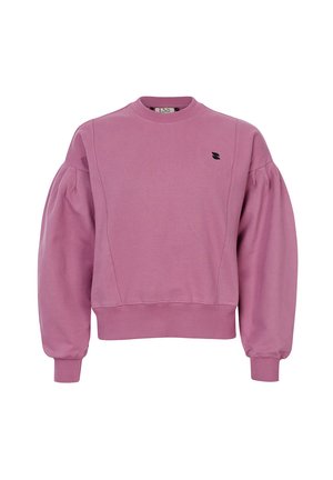 Roze sweatshirt met een ronde halslijn, pofmouwen en ribgebreide manchetten. Bevat een klein zwart logo op de borst. Van katoen.