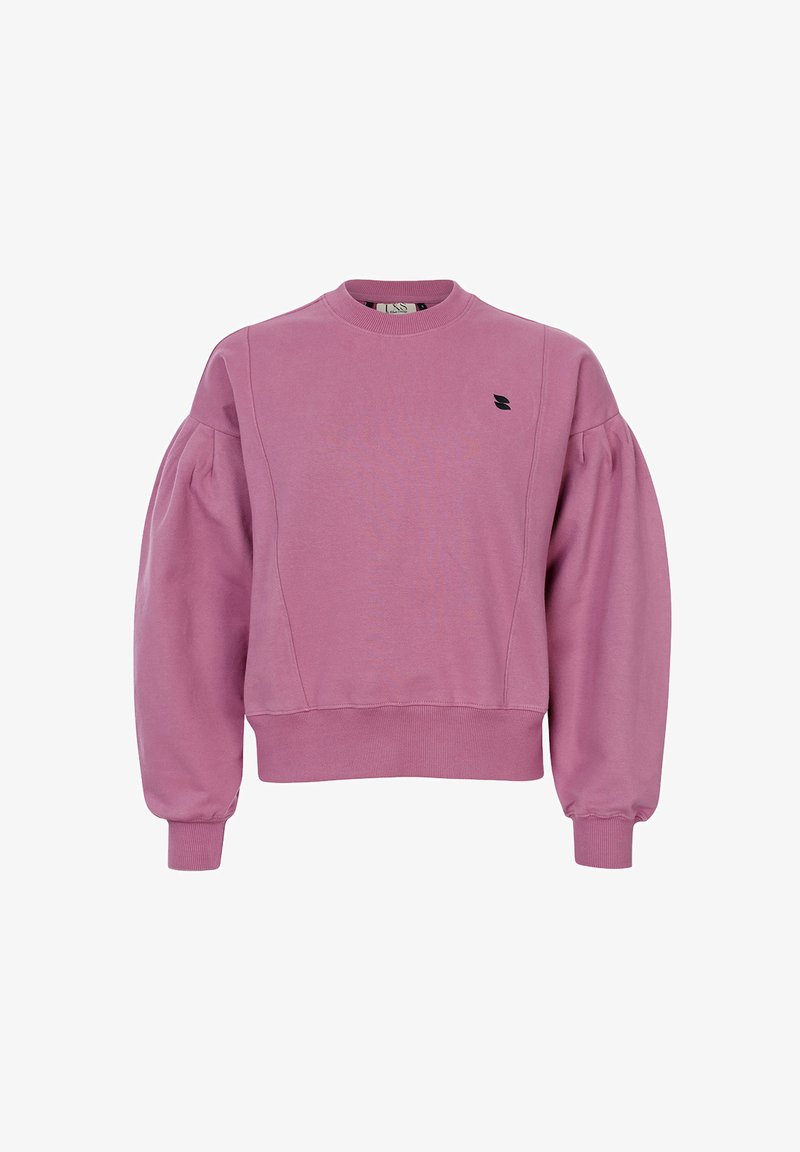 Roze sweatshirt met een ronde halslijn, pofmouwen en ribgebreide manchetten. Bevat een klein zwart logo op de borst. Van katoen.
