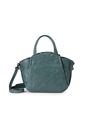 Borsa a tracolla in pelle teal con una forma strutturata, doppi manici e una tracolla staccabile. Caratterizzata da una chiusura con zip e dettagli del logo.