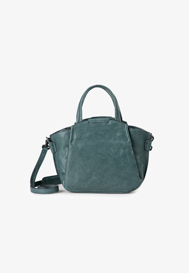 Borsa a tracolla in pelle teal con una forma strutturata, doppi manici e una tracolla staccabile. Caratterizzata da una chiusura con zip e dettagli del logo.