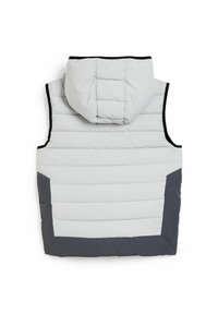 Kamizelka puchowa w jasnoszarym kolorze z kapturem, z poziomymi przeszyciami i ciemnoszarym akcentem na dole oraz po bokach.