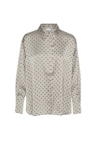 Blusa de manga larga en satén gris claro con lunares negros, que cuenta con un cuello y cierre de botones en la parte delantera, y un corte relajado.
