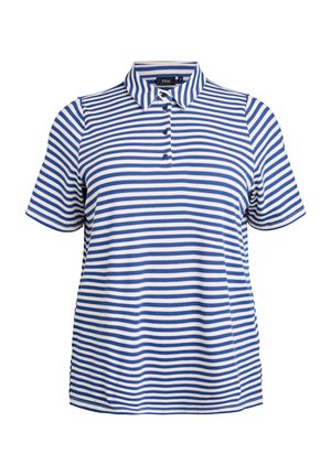 Polo à manches courtes avec des rayures horizontales bleues et blanches, trois boutons et un col pointu, présenté sur fond blanc.