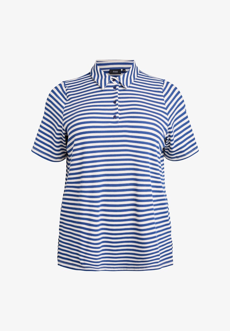Polo à manches courtes avec des rayures horizontales bleues et blanches, trois boutons et un col pointu, présenté sur fond blanc.