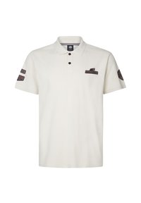 Korte mouwen polo-shirt in lichtbeige katoen met een drie knopen sluiting, twee geborduurde patches op de mouwen en een subtiele geribbelde kraag.