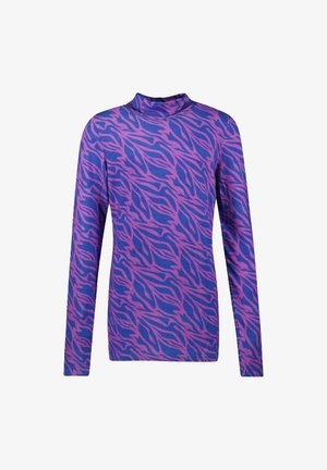 Langsleeve top met een hoge kraag, gekenmerkt door een blauw en roze tijgerstrip patroon. Gemaakt van een lichte, rekbare stof.