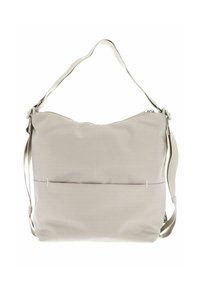 Sac à épaule gris clair en tissu texturé, doté d'une fermeture éclair, d'une bandoulière réglable et d'une poche avant avec des accents minimalistes.