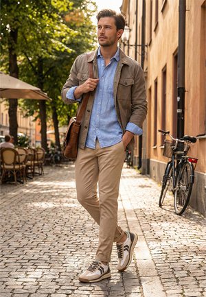 Hombre caminando por una calle empedrada, vestido con chaqueta beige, camisa azul, pantalones caqui, llevando un bolso marrón al hombro, con una bicicleta y un café al aire libre cerca.