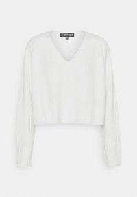 Weißer, verkürzter Pullover mit tiefem V-Ausschnitt, langen Ärmeln und gerippter Textur. Hergestellt aus weichem Material und mit einem einfachen, klaren Design.