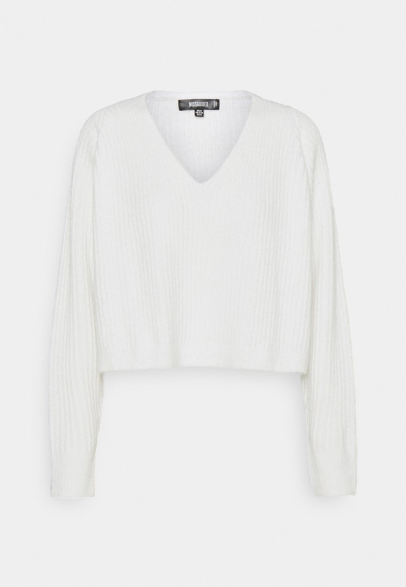 Weißer, verkürzter Pullover mit tiefem V-Ausschnitt, langen Ärmeln und gerippter Textur. Hergestellt aus weichem Material und mit einem einfachen, klaren Design.