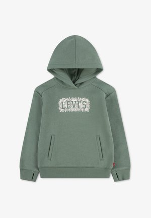 Zielona bluza z kapturem, kieszeniami z przodu i białym logo Levi's, otoczonym kwiatowym wzorem na klatce piersiowej.
