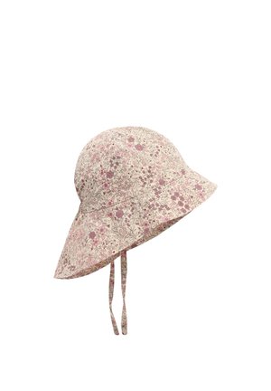 Beiger Sonnenhut mit breiter Krempe, rosa und lila Blumenmuster sowie Kinnriemen für sicheren Halt.