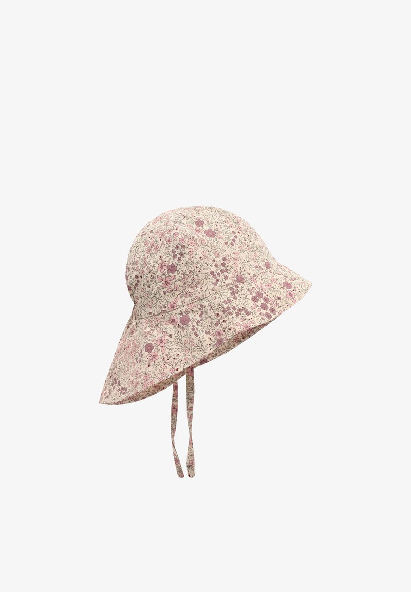 Beiger Sonnenhut mit breiter Krempe, rosa und lila Blumenmuster sowie Kinnriemen für sicheren Halt.