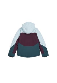 Veste multicolore avec des panneaux bleu clair, bordeaux et sarcelle. Elle possède une capuche, une texture lisse et un design courbé à l'ourlet.