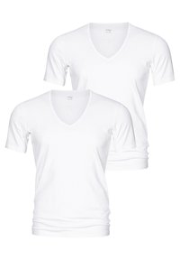 Due magliette a maniche corte in cotone bianco a V, con una texture morbida e una vestibilità rilassata. Include un'etichetta del marchio discreta sul colletto.