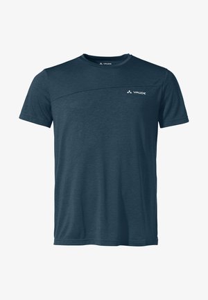 Herren T-Shirt in marineblau mit kurzen Ärmeln aus weichem Stoff, mit glatter Textur, rundem Ausschnitt und dezentem Logodetail auf der Brust.
