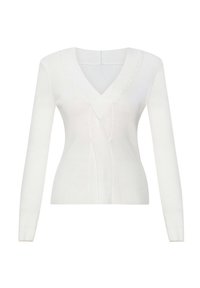 Pullover blanc à manches longues avec un décolleté en V et une texture côtelée. Présente un détail torsadé à la taille. Fabriqué en tissu doux et léger.