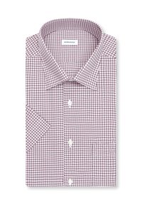 Chemise habillée pour homme à manches longues, à carreaux violets et blancs, col italien et boutons blancs, soigneusement pliée.