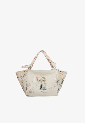 Borsa tote beige con motivi astratti colorati sui lati e manici, con una ragazza dei cartoni animati che tiene un pennello e la frase "focus you."